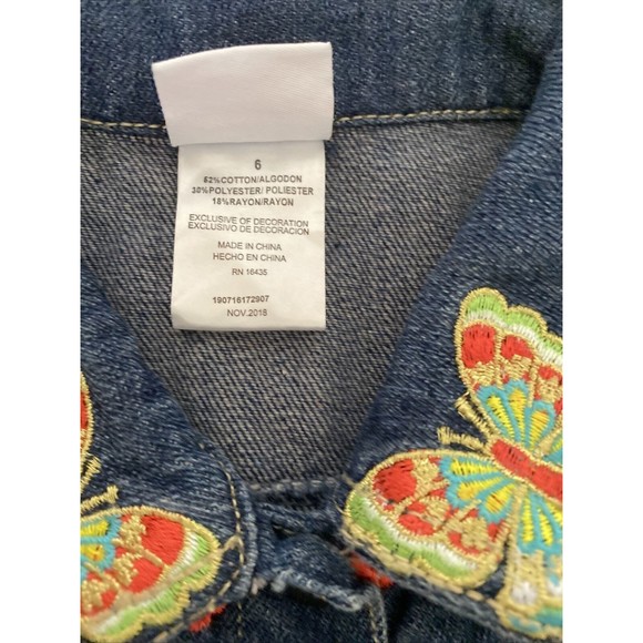 Nannette Kids Dark Wash Floral Butterfly Embroidered Denim Jacket, Sz 6 Ruffles - Picture 3 of 12